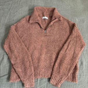 hollister fuzzy brown quarter zip sweater
